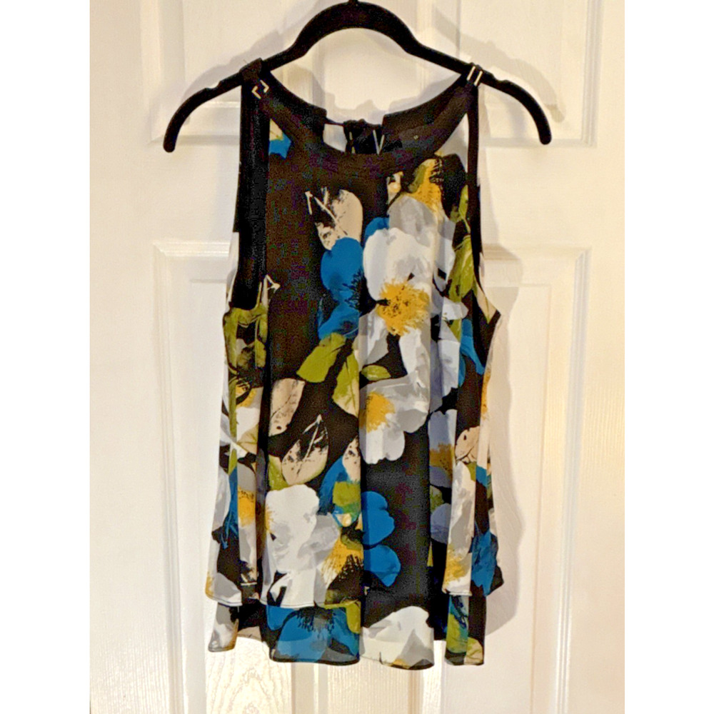 Worthington Floral Layered Chiffon Sleeveless Tank Blouse S Black Multicolor